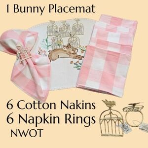 DII 6 Pink Gingham Buffalo Napkins 6 Metal Napkin Rings NWOT